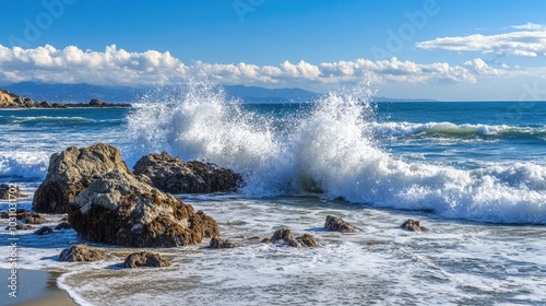 Waves Crashing on Rocky Shoreline Under Blue Sky