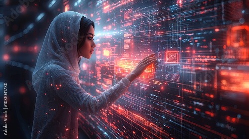 A woman wearing a hijab interacts with a vibrant digital technology interface, showcasing futuristic elements and advanced data graphics display. photo