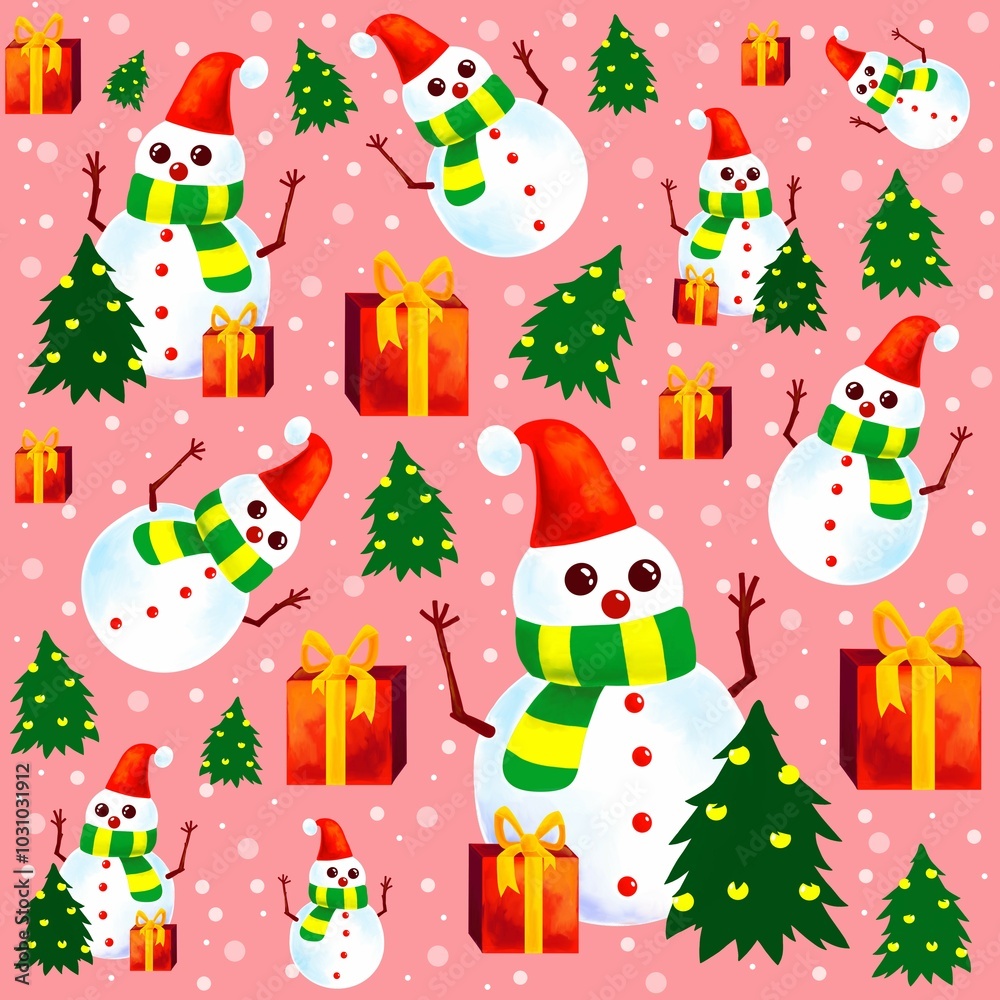 Naklejka premium christmas seamless pattern snowmans and gifts