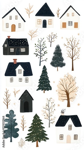 winter pattern of cozy houses, children's drawing, background for social networks clipart