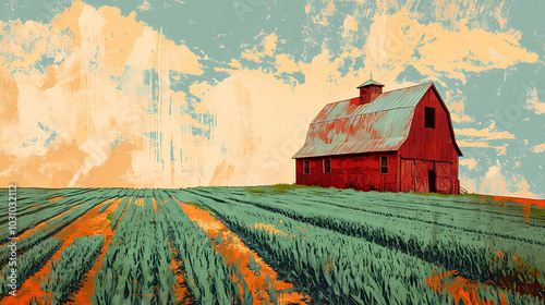 Painterly style barn in green cornfield with red and orange hues, sgraffito shadows, and layered texture. expressive rural landscape artwork depicting farmhouse and farmland. Sgraffito. Illustration