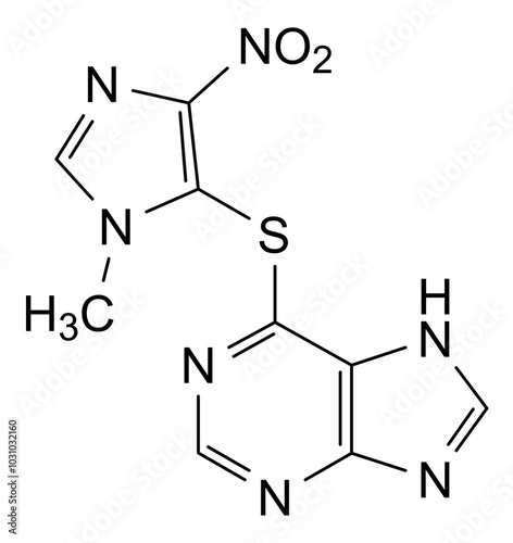 Chemical structure of azathioprine, drug substance