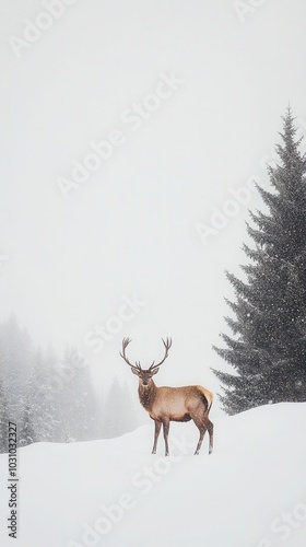 A majestic reindeer stands alone on a snowy landscape during a winter blizzard in a calm forest setting, winter background picture