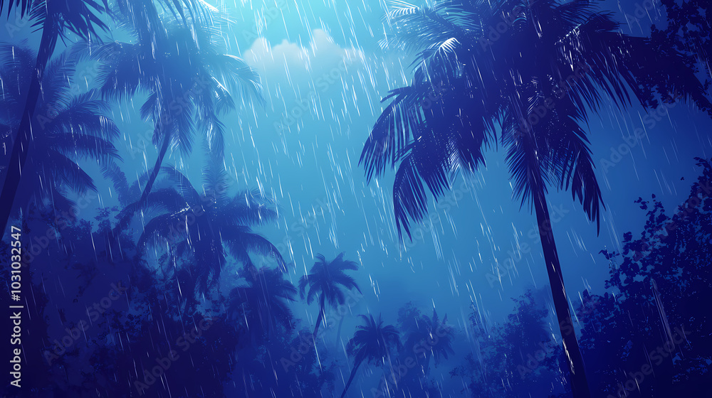 Obraz premium Palm trees swaying in heavy tropical storm. Tropical Rainstorm. Illustration