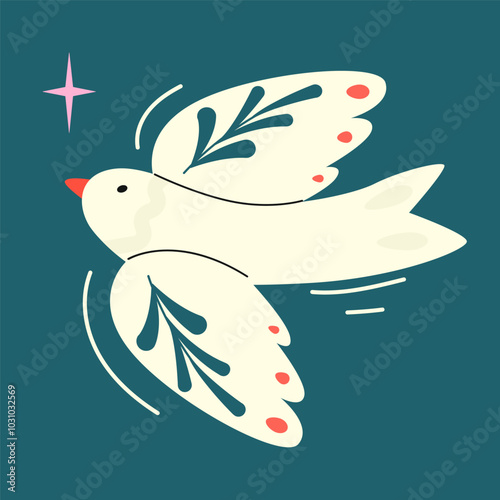 Charming Christmas dove decorated with a winter plant pattern. Seasons greetings. Peace on earth. dove bird, mistletoe, plant, branch, non violence, no war, anti-war, human solidarity.  