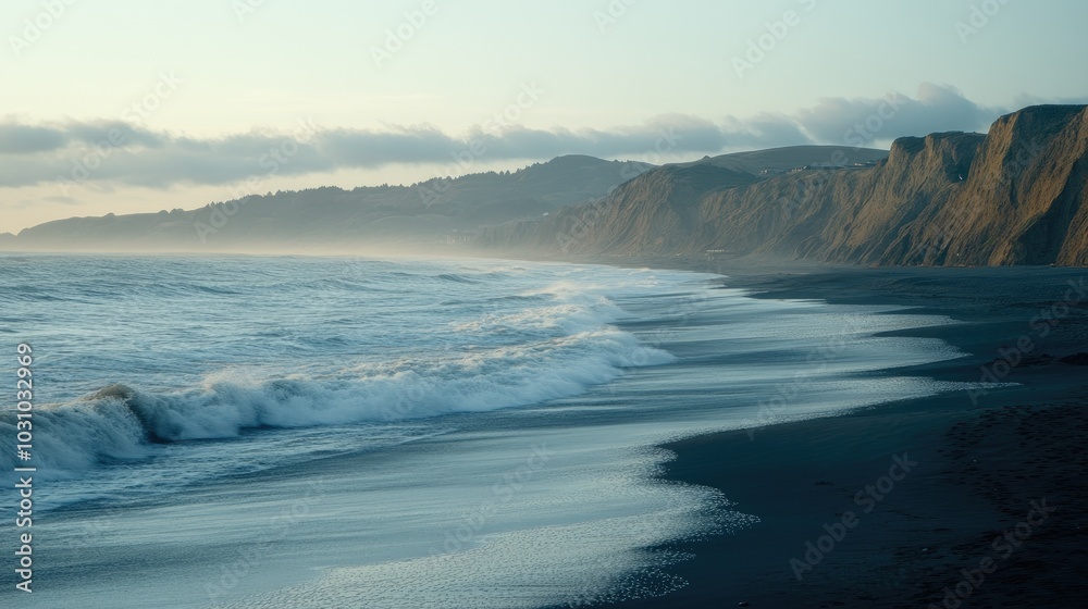 Calm Beach Landscape at Dusk with Gentle Waves Calm Beach Landscape at Dusk with Gentle Waves