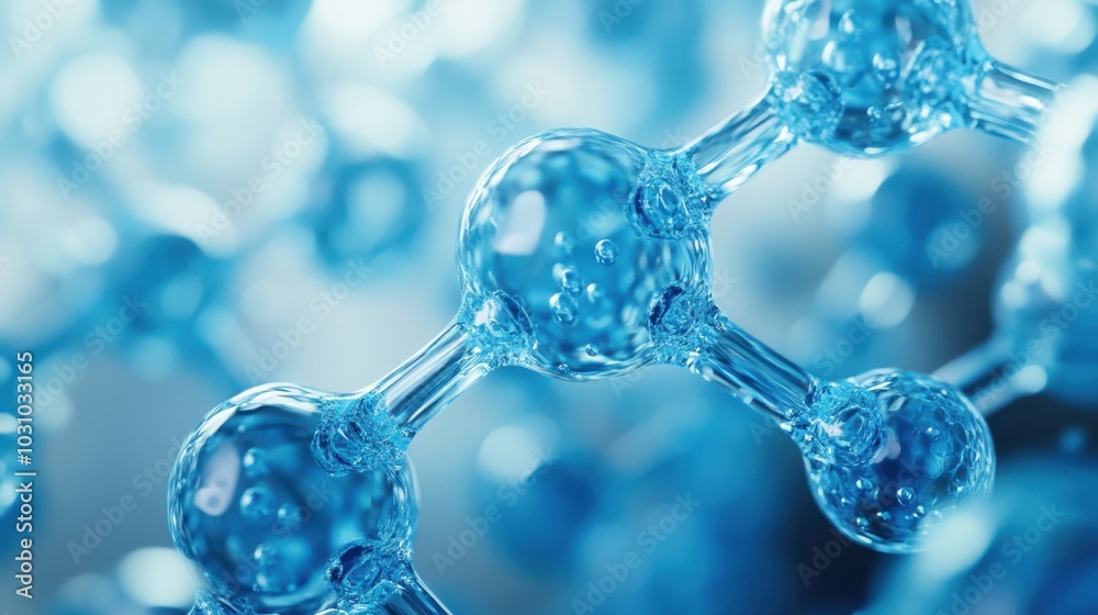 Close-up visualization of blue 3D water molecules, their molecular structure and arrangement. This scientific illustration highlights the beauty and complexity of water at a molecular level. Close-up visualization of blue 3D water molecules, their molecular structure and arrangement. This scientific illustration highlights the beauty and complexity of water at a molecular level.
