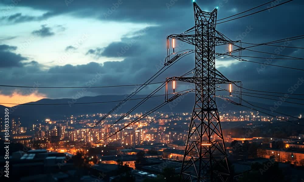 A large, metal electric power tower stands tall against a dusk sky. The city lights sparkle below, creating a picturesque urban scene.