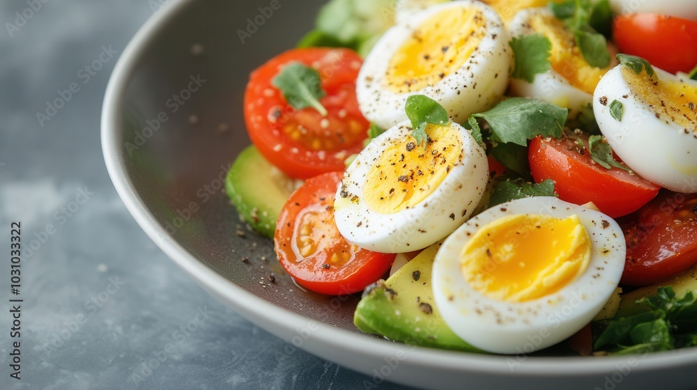 Fresh salad with sliced boiled eggs, cherry tomatoes, and mixed greens served in a bowl Fresh salad with sliced boiled eggs, cherry tomatoes, and mixed greens served in a bowl
