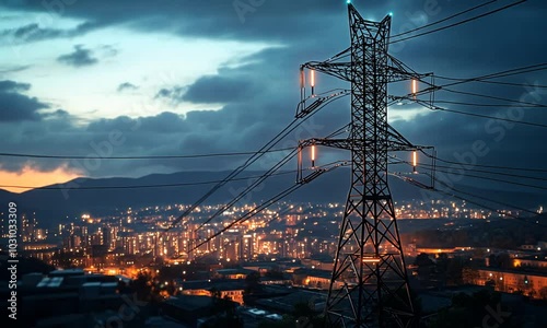 A large, metal electric power tower stands tall against a dusk sky. The city lights sparkle below, creating a picturesque urban scene.