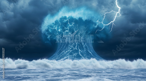 A mesmerizing depiction of a magnificent Tsunami Wave rising from a Column of Water under striking Lightning devastating a once calm landscape below.