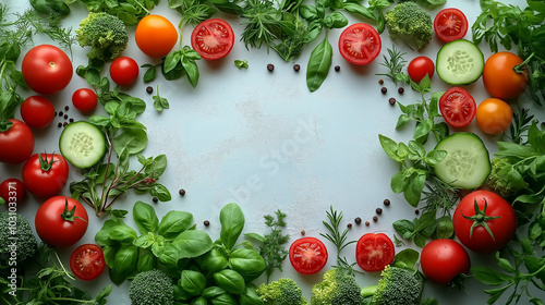 Abstract background with vegetables and herbs on a white surface