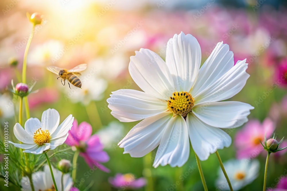 White Cosmos Flower with Bee in Flower Field - Nature Photography for Stock Use White Cosmos Flower with Bee in Flower Field - Nature Photography for Stock Use