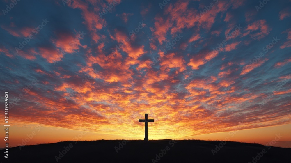A striking silhouette of a cross set against a vibrant sunrise sky filled with rich orange and blue hues. A striking silhouette of a cross set against a vibrant sunrise sky filled with rich orange and blue hues.