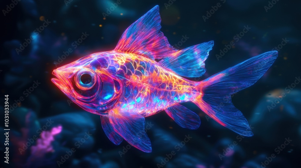 An artistic depiction of a deep-sea fish, its unique and mysterious traits. The holographic glow and colorful An artistic depiction of a deep-sea fish, its unique and mysterious traits. The holographic glow and colorful