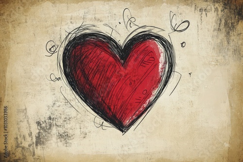 Hand-drawn heart with scribbles and sketchy lines on a vintage paper background