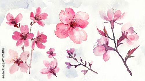 Beautiful watercolor collection  pink sakura flowers and Japanese cherry branches, hand-drawn to highlight their elegance. Perfect for floral arrangements and artistic projects.