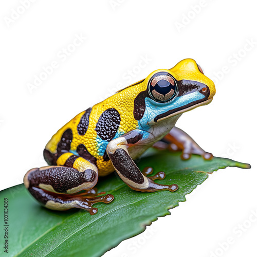 Poison dart frog sitting on a green leaf, showing its yellow and black markings, on a transparent background