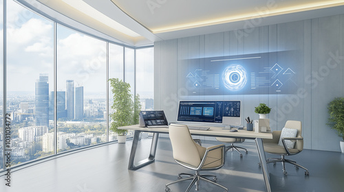 Modern office interior with cityscape view, desk, and futuristic screen.