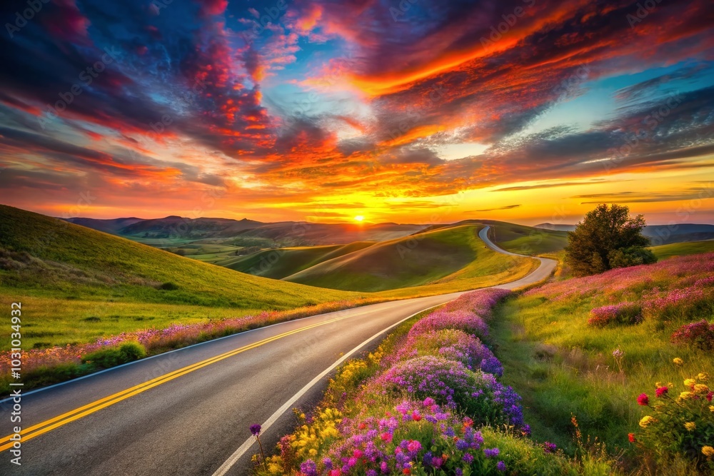 Naklejka premium Winding Country Road at Sunset with Vibrant Sky and Wildflowers - Scenic Landscape Photography
