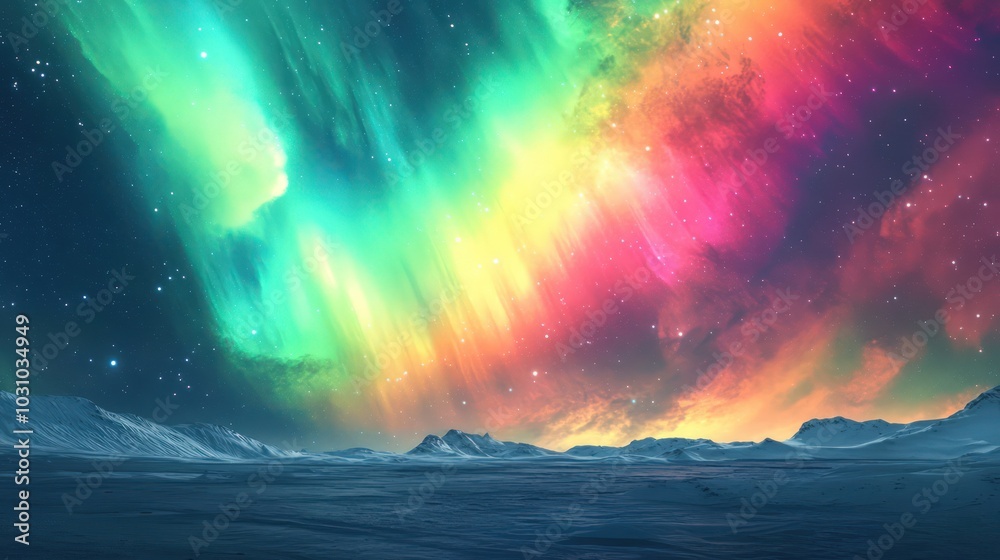 Fototapeta premium Interstellar scene with colorful auroras and a glowing nebula