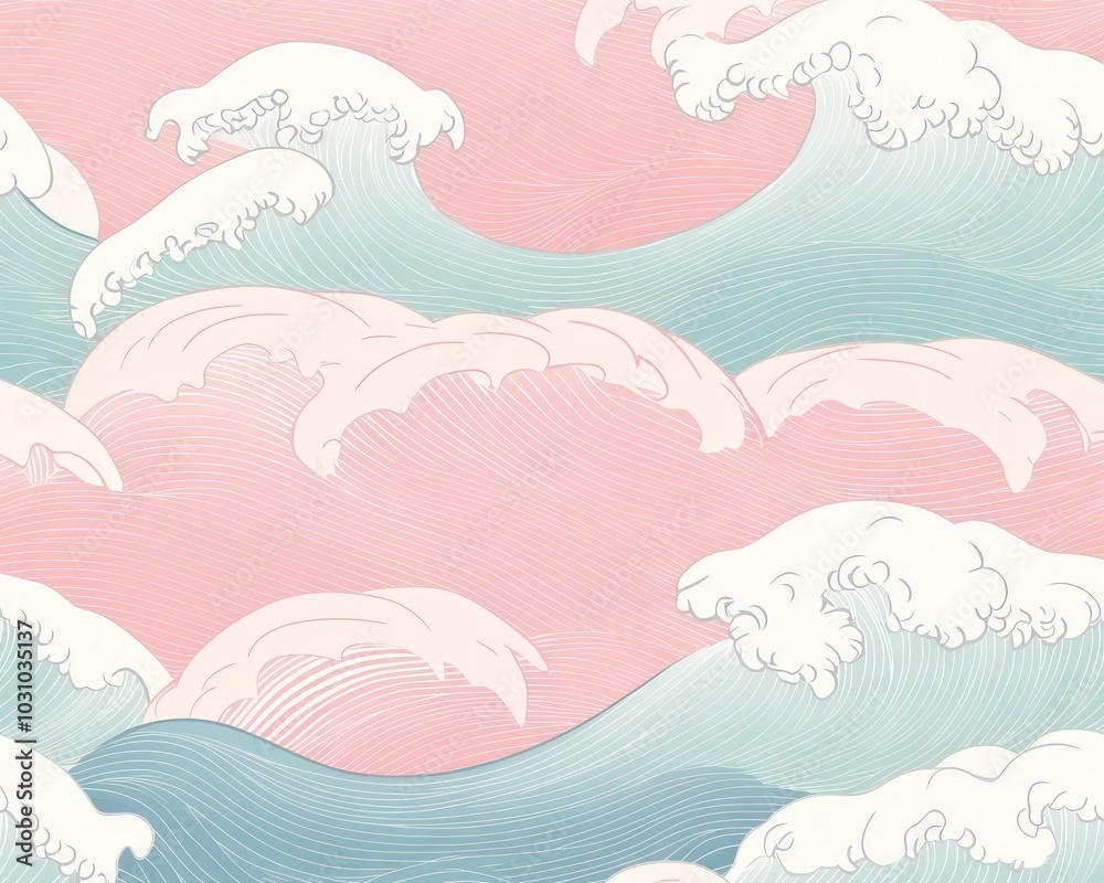 Naklejka premium Japanese wave patterns in pastel pinks and blues with minimalist design