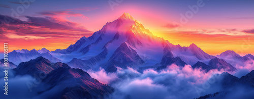 Majestic mountains at sunrise, gradient sky, vector illustration, pastel colors