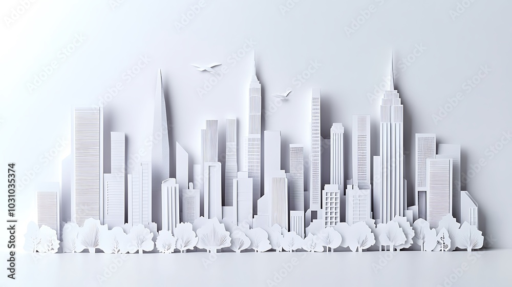 Minimal urban cityscape crafted with white paper and detailed skyscrapers Minimal urban cityscape crafted with white paper and detailed skyscrapers