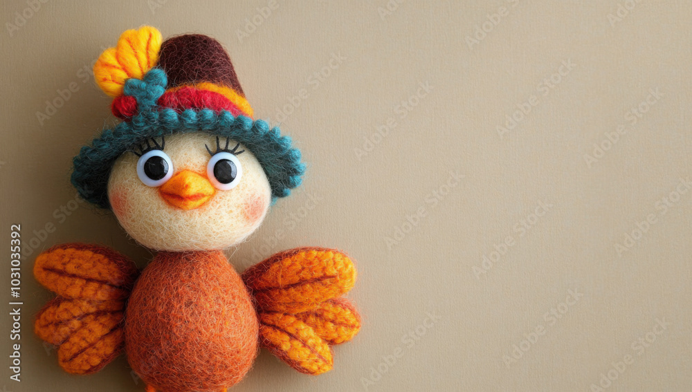 Felt turkey laying flat on a tan background with copy space
Felt turkey laying flat on a tan background with copy space