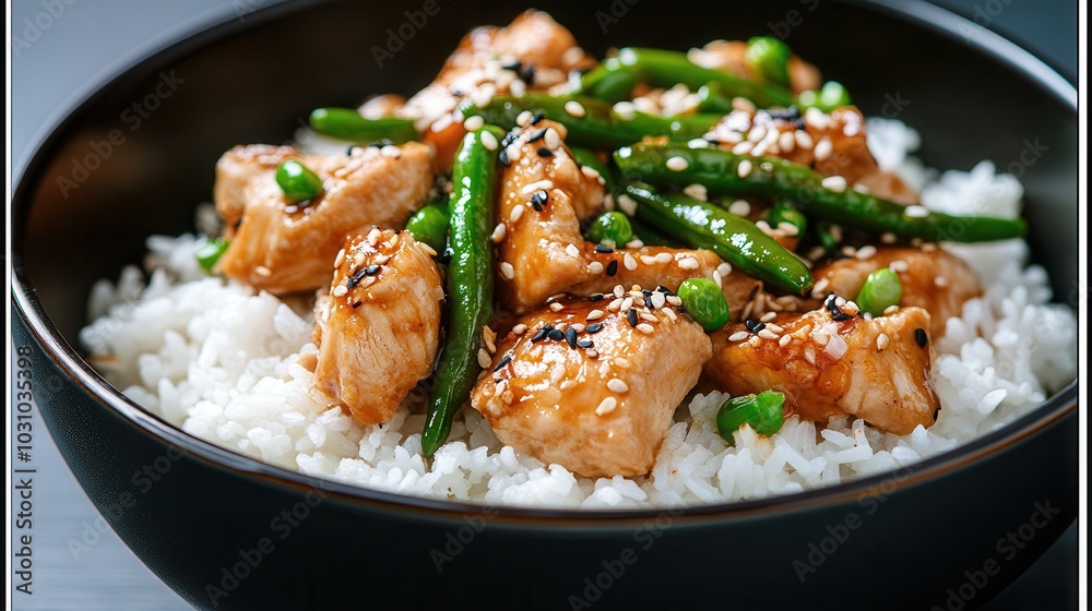 asian food, Delicious stir-fried chicken with green beans served on a bed of steamed rice in a dark bowl, highlighting Asian culinary traditions asian food, Delicious stir-fried chicken with green beans served on a bed of steamed rice in a dark bowl, highlighting Asian culinary traditions