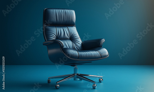 A black leather office chair isolated on a blue background