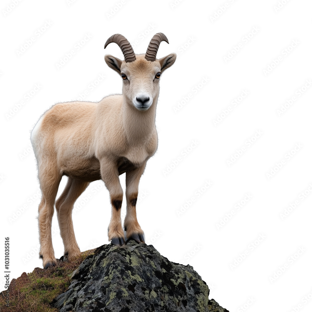 Mountain goat standing on a rocky surface with curved horns, on a transparent background Mountain goat standing on a rocky surface with curved horns, on a transparent background