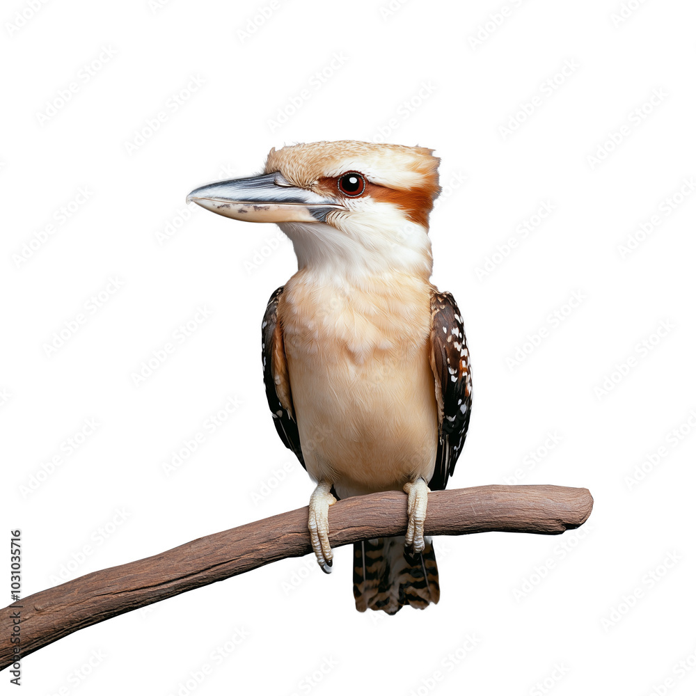 Kookaburra perched on a branch, looking forward, on a transparent background Kookaburra perched on a branch, looking forward, on a transparent background