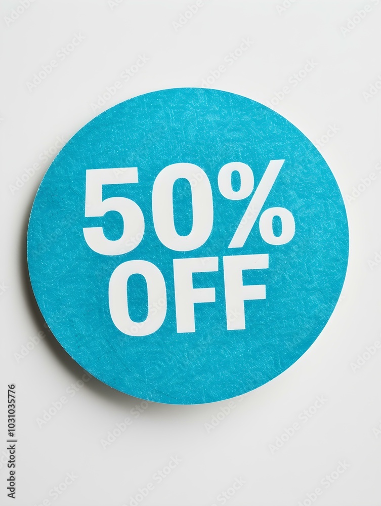 White '50% OFF' Text on a Cyan Round Paper Note. White Background White '50% OFF' Text on a Cyan Round Paper Note. White Background