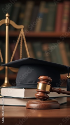 A graduation cap resting on law books with a gavel symbolizing legal education and achievement in a library setting