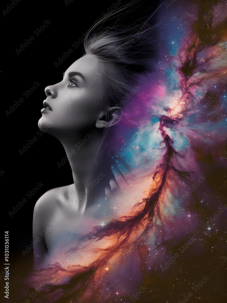 Cosmic Muse: A surreal portrait of a woman with a nebula flowing from her head, symbolizing imagination, creativity, and inner strength. Cosmic Muse: A surreal portrait of a woman with a nebula flowing from her head, symbolizing imagination, creativity, and inner strength.