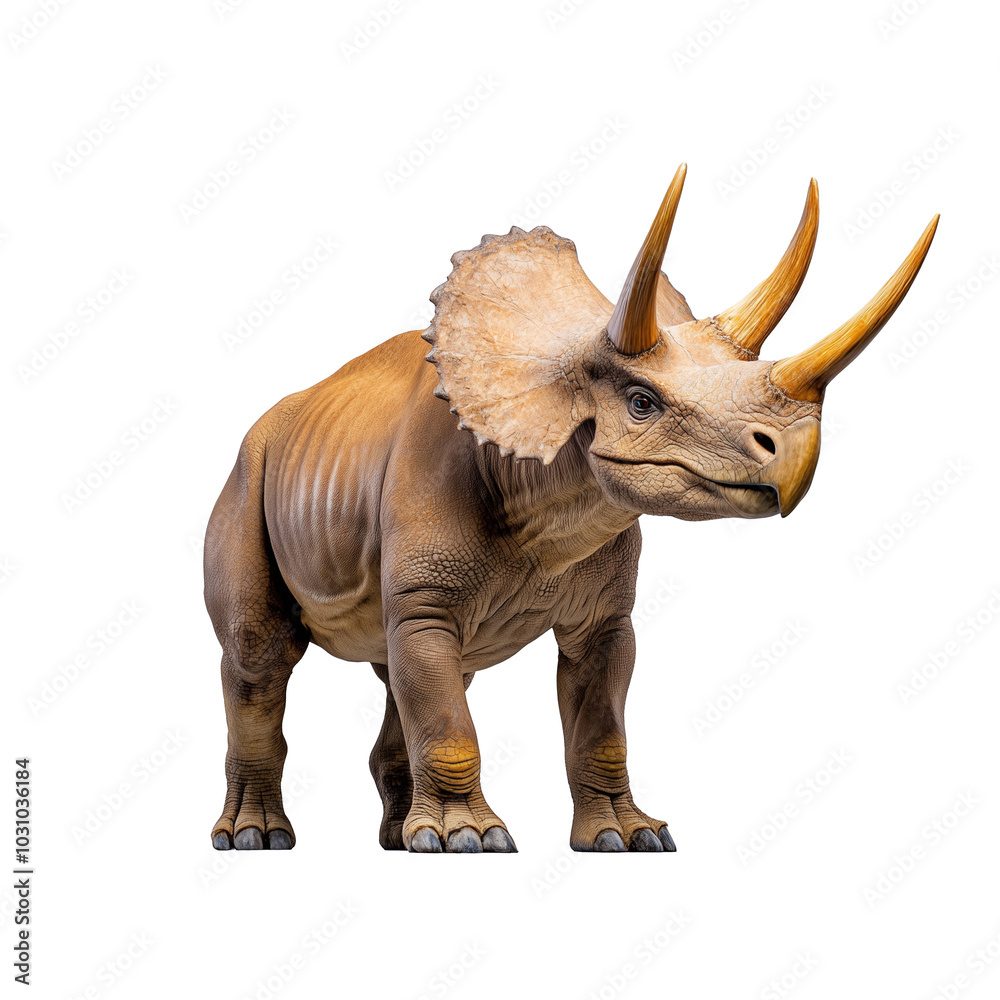 Fototapeta premium Triceratops standing upright with its three horns and large frill, on a transparent background