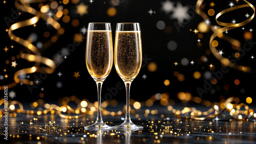 Happy new year toast. Champagne glasses on black background with confetti, golden sparkles and stars. Copy space