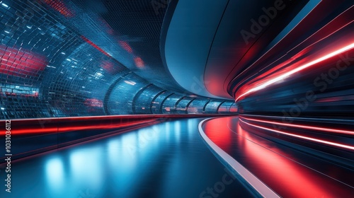 Futuristic tunnel with red neon lights and a city view.