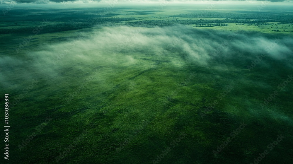 Fototapeta premium Aerial View of a Lush Green Forest Covered in Mist