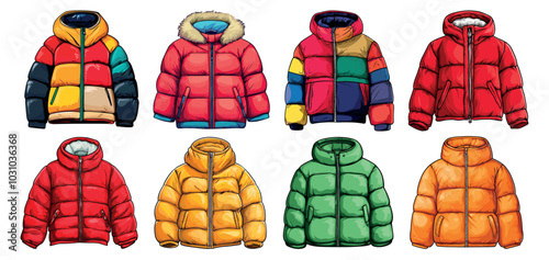 Down jackets. Zip winter or autumn sport and casual wear, modern warm textile coat, vector illustrations set