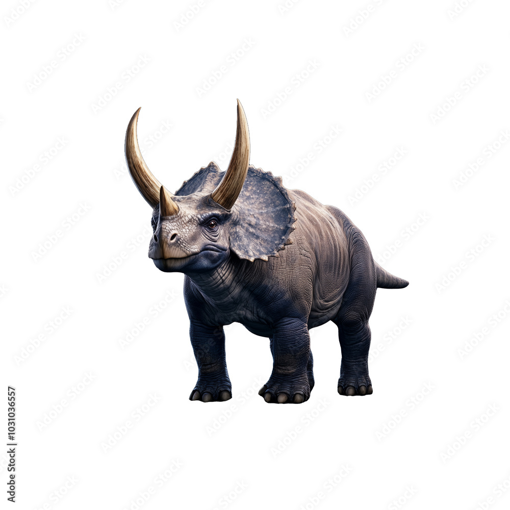 Fototapeta premium Triceratops walking with its horns and frill, showing its muscular body, on a transparent background