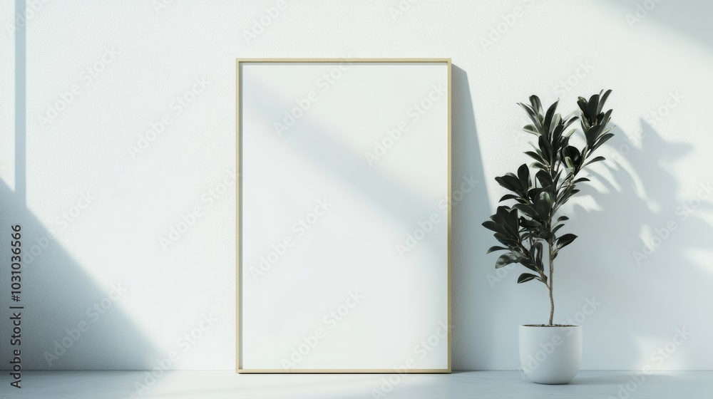 A white room with a large empty picture frame, a single plant in a white pot