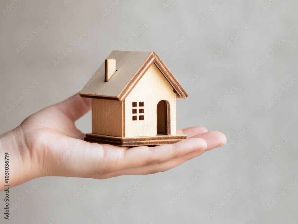 A handcrafted miniature wooden house delicately balanced in a hand against a neutral backdrop A handcrafted miniature wooden house delicately balanced in a hand against a neutral backdrop