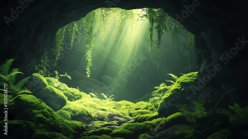 Religious conception cave in vector style beautiful illustration picture. Mossy Cave. Illustration photo