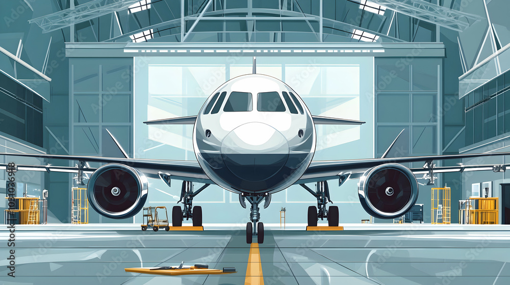 Aircraft maintenance in a hangar, front view, illustration - Aircraft maintenance in a hangar, front view, illustration -