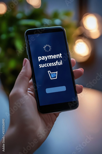 Successful mobile payment confirmation with a laptop and plant in a modern workspace