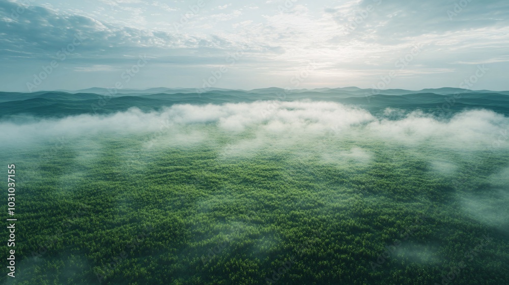 Aerial View of a Foggy Green Forest with Rolling Hills Aerial View of a Foggy Green Forest with Rolling Hills