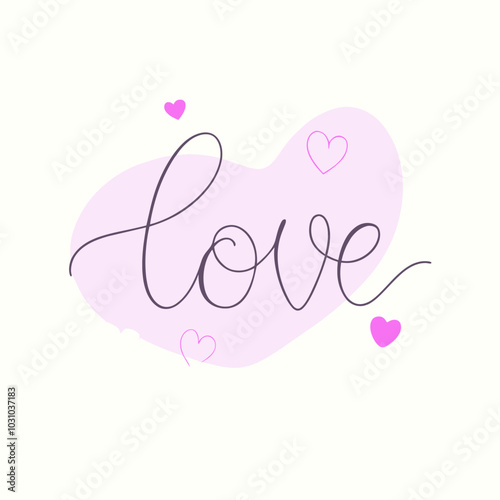Stylish handwritten word love with hearts on a pastel background, romantic concept
