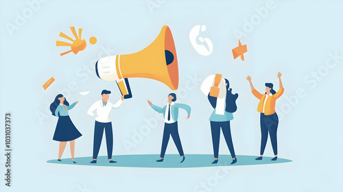 Attention message or urgent notification, important communication or warning alert, businesspeople carrying an attention sign with a loudspeaker,  illustration -